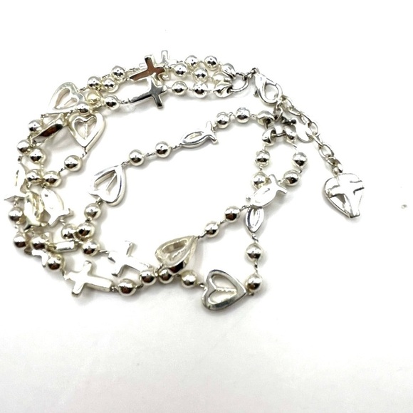 Silver Heart and Cross Charm Beaded Bracelet with Multi-Strand Design Bracelet - Picture 10 of 12